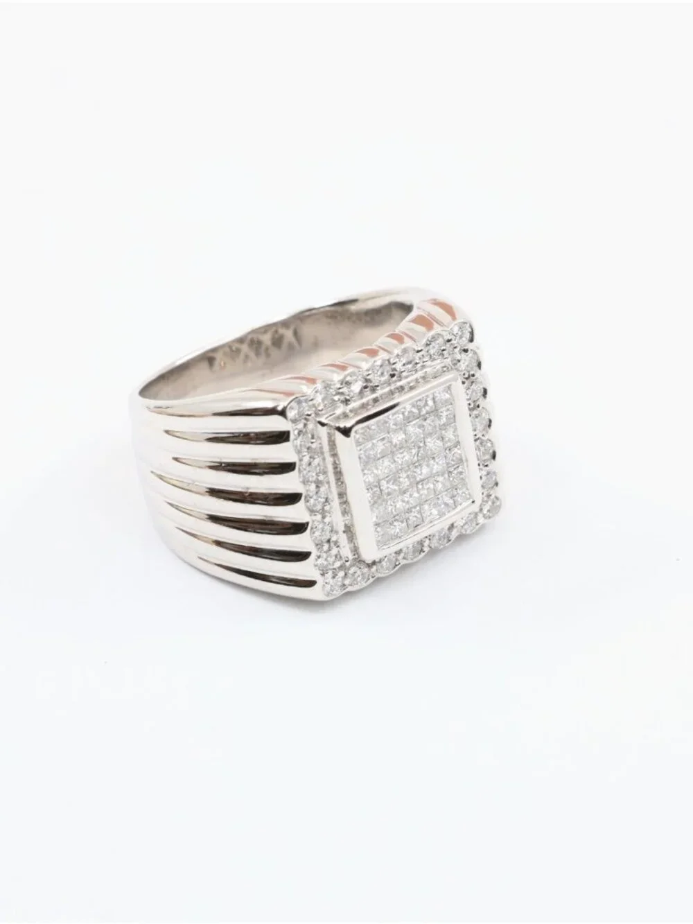 14K Solid White Gold Princess Cut Diamond Cluster Halo Men's Ring - Size 9.25